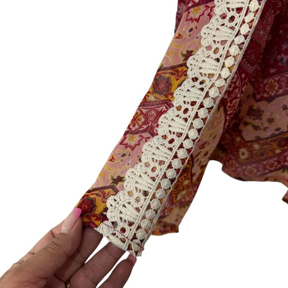 Rewind Women Red-Pink Paisley Crochet Trim Kimono Cardigan SZ XL Coverup Beach - Picture 5 of 8